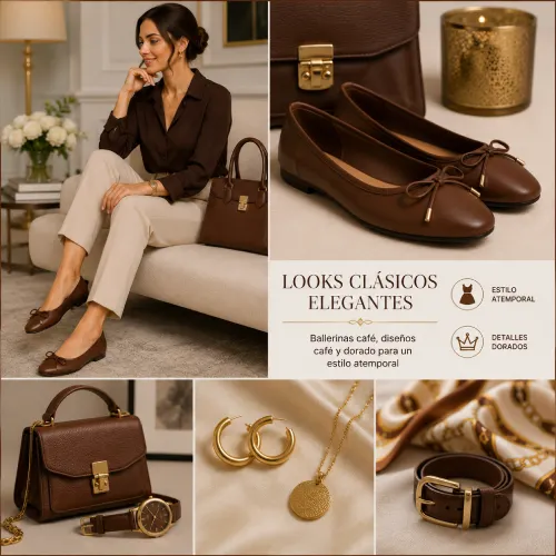 Ballerinas mujer café junto a diseños café y dorado para looks clásicos elegantes en AliExpress Chile