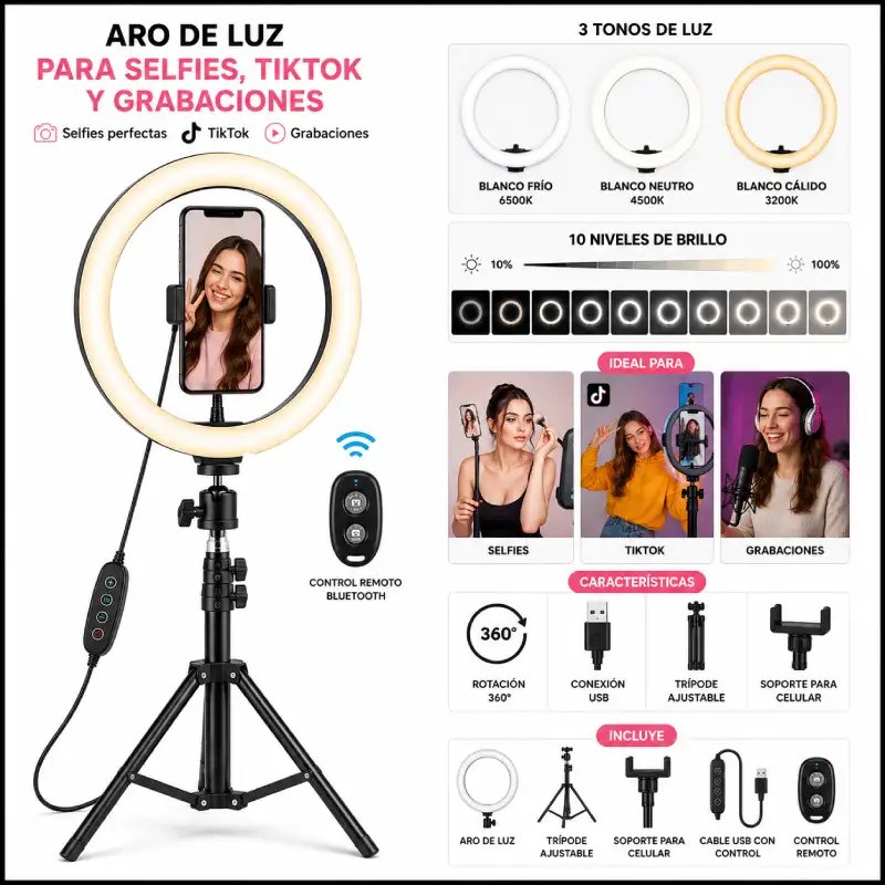 Aro de luz para selfies, TikTok y grabaciones en AliExpress Chile