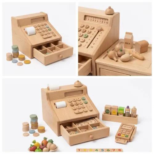 Caja registradora de madera de juguete en AliExpress Chile