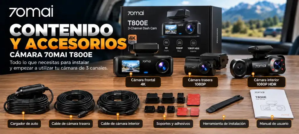 Contenido y accesorios de la cámara 70mai T800E