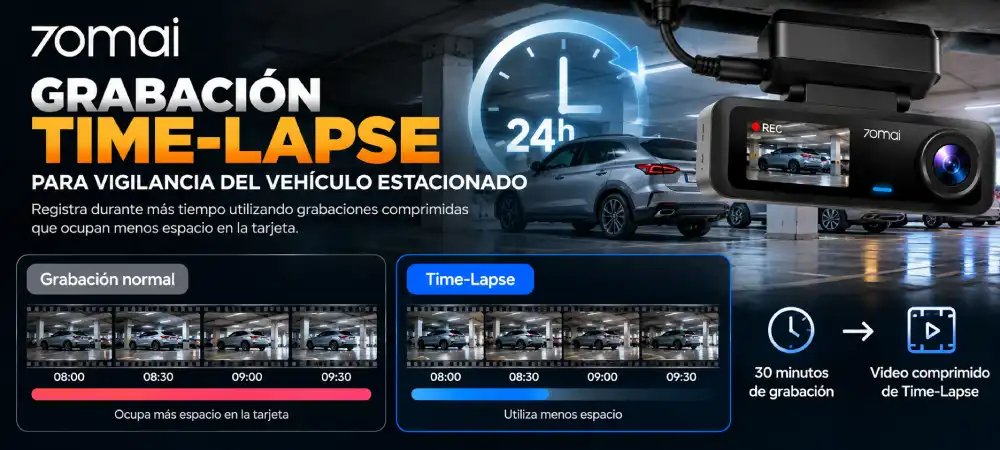 Grabación Time-Lapse para vigilancia del vehículo estacionado con 70mai T800E