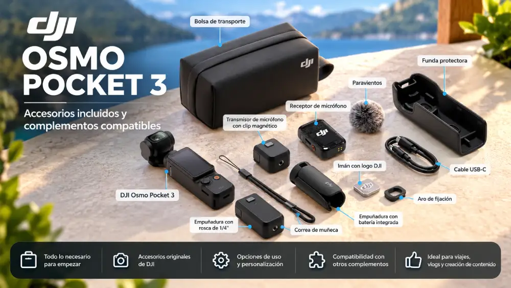 Cámara DJI Osmo Pocket 3 para revisar los accesorios incluidos y los complementos compatibles
