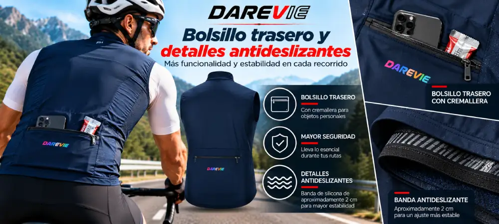 Bolsillo trasero con cremallera y banda antideslizante del chaleco DAREVIE