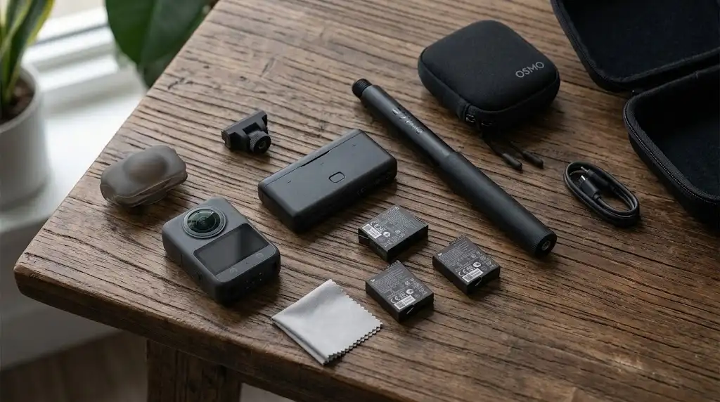 Contenido de la caja del combo DJI Osmo 360 con baterías y accesorios