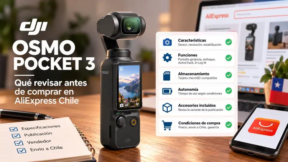 Cámara DJI Osmo Pocket 3 para revisar sus características y condiciones antes de comprar en AliExpress Chile