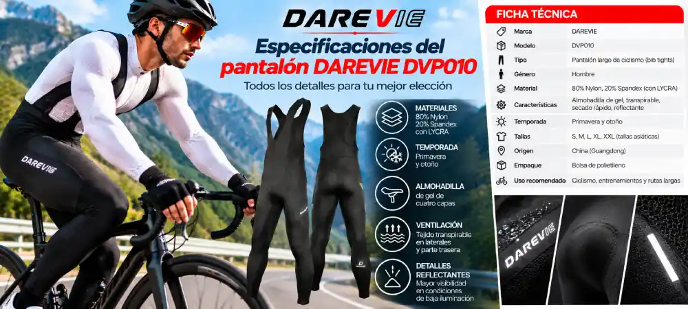 Especificaciones técnicas del pantalón DAREVIE DVP010 para ciclismo hombre