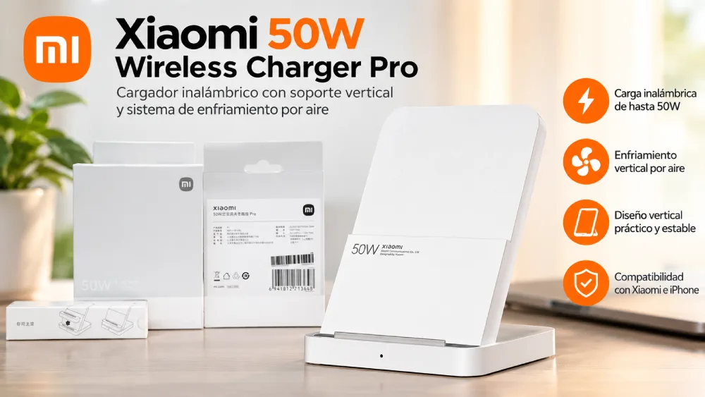 Cargador inalámbrico Xiaomi Mi 50W Pro con soporte vertical y sistema de enfriamiento por aire