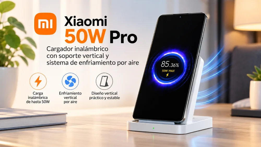 Cargador inalámbrico Xiaomi Mi 50W Pro blanco con soporte vertical y sistema de enfriamiento por aire