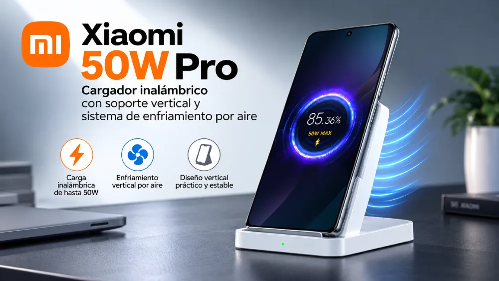 Cargador Xiaomi Mi 50W Pro con soporte vertical y sistema de enfriamiento por aire